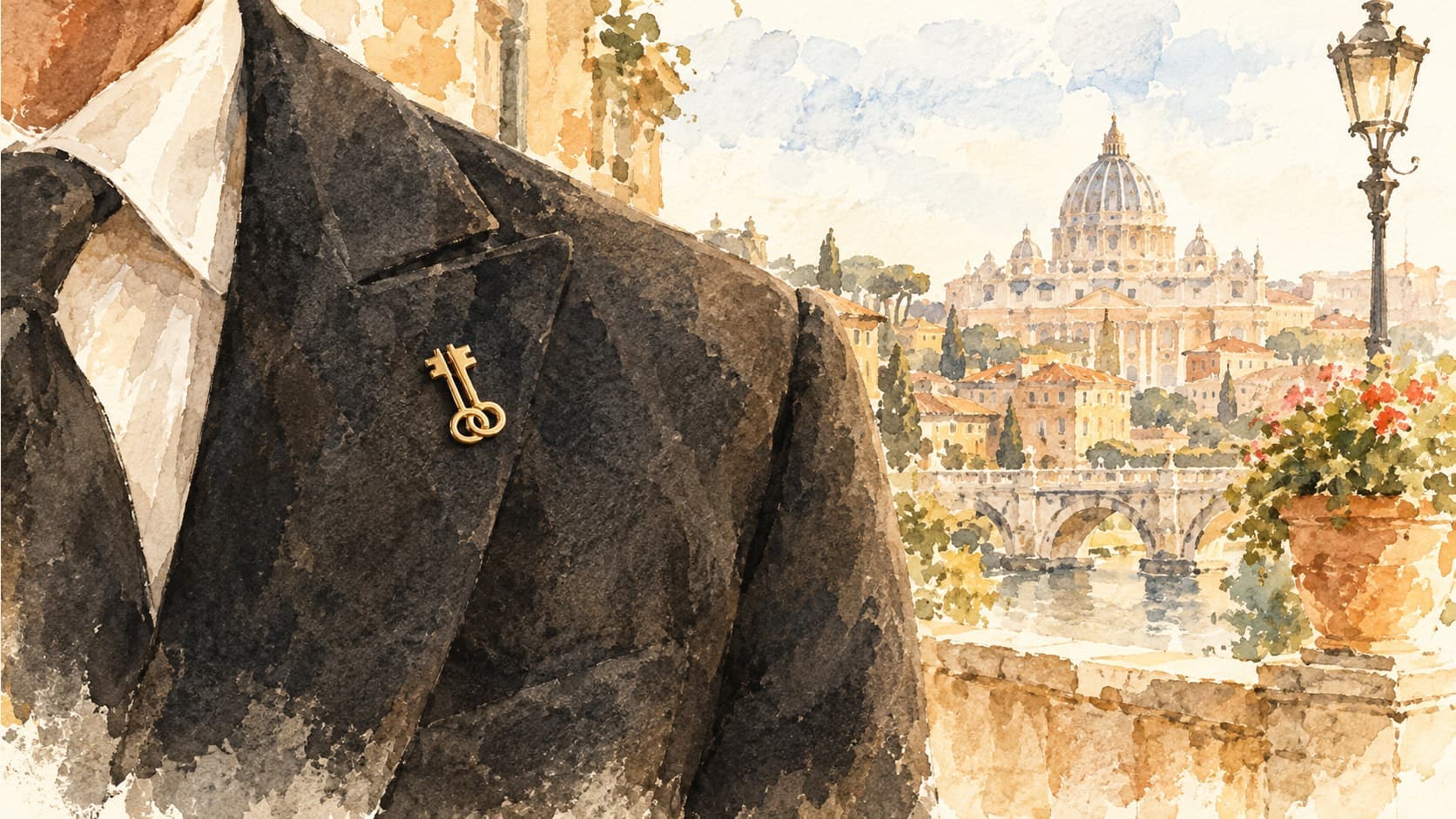 A concierge in a suit with a crossed-keys pin on the lapel, watercolour