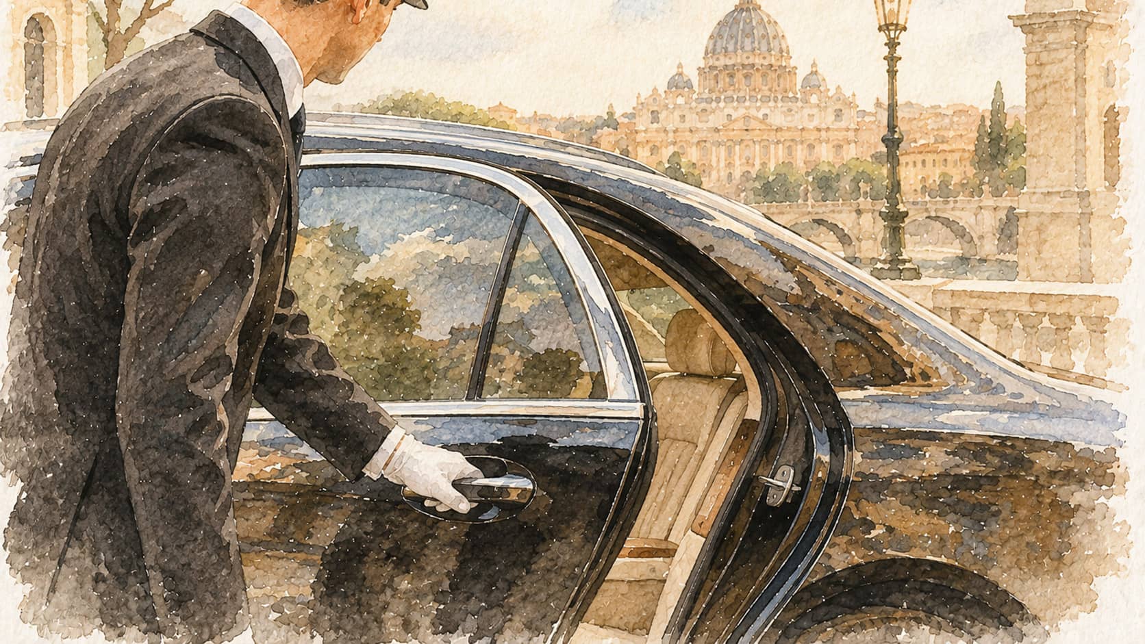 A driver in white gloves opens the door of a black saloon, watercolour