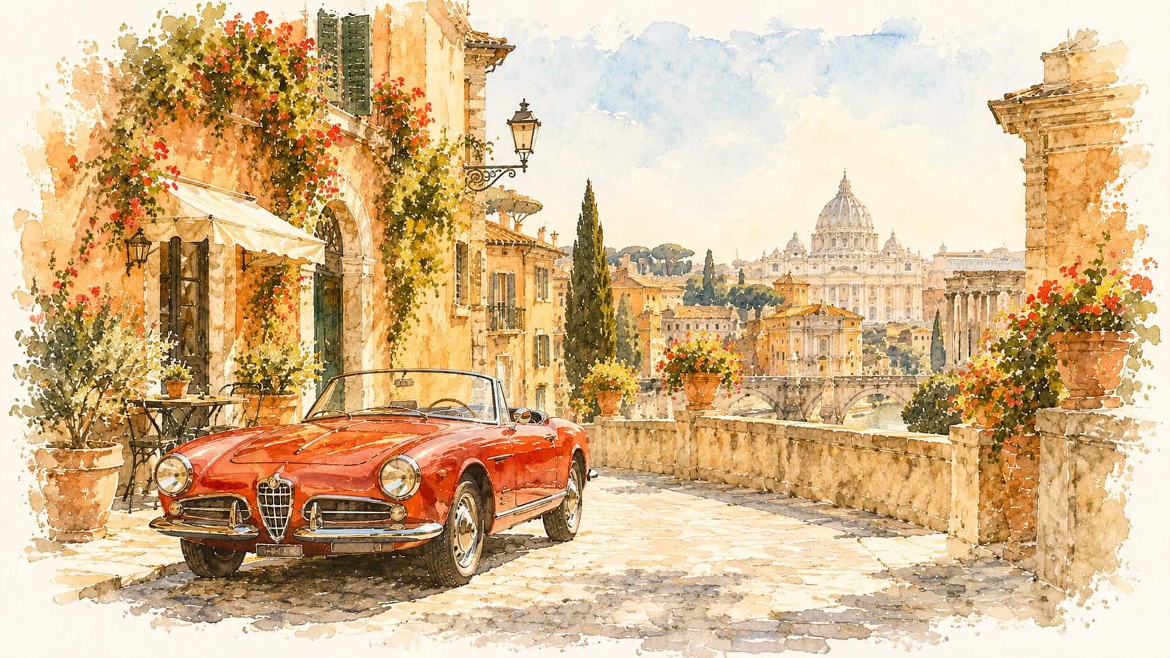 A red Alfa Romeo convertible in a Roman street, watercolour