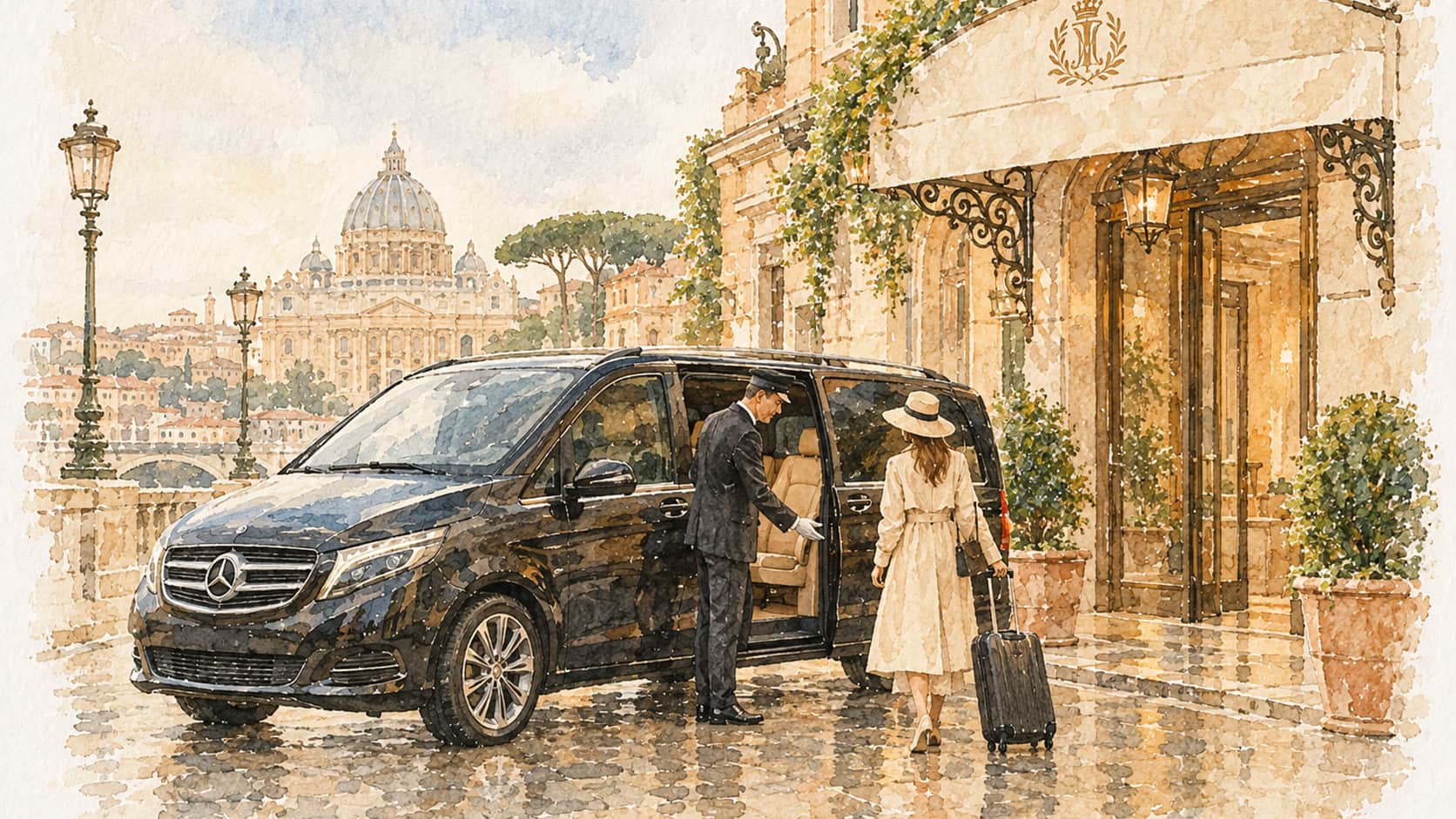 A Mercedes minivan at a hotel entrance: the driver takes a guest’s luggage, watercolour