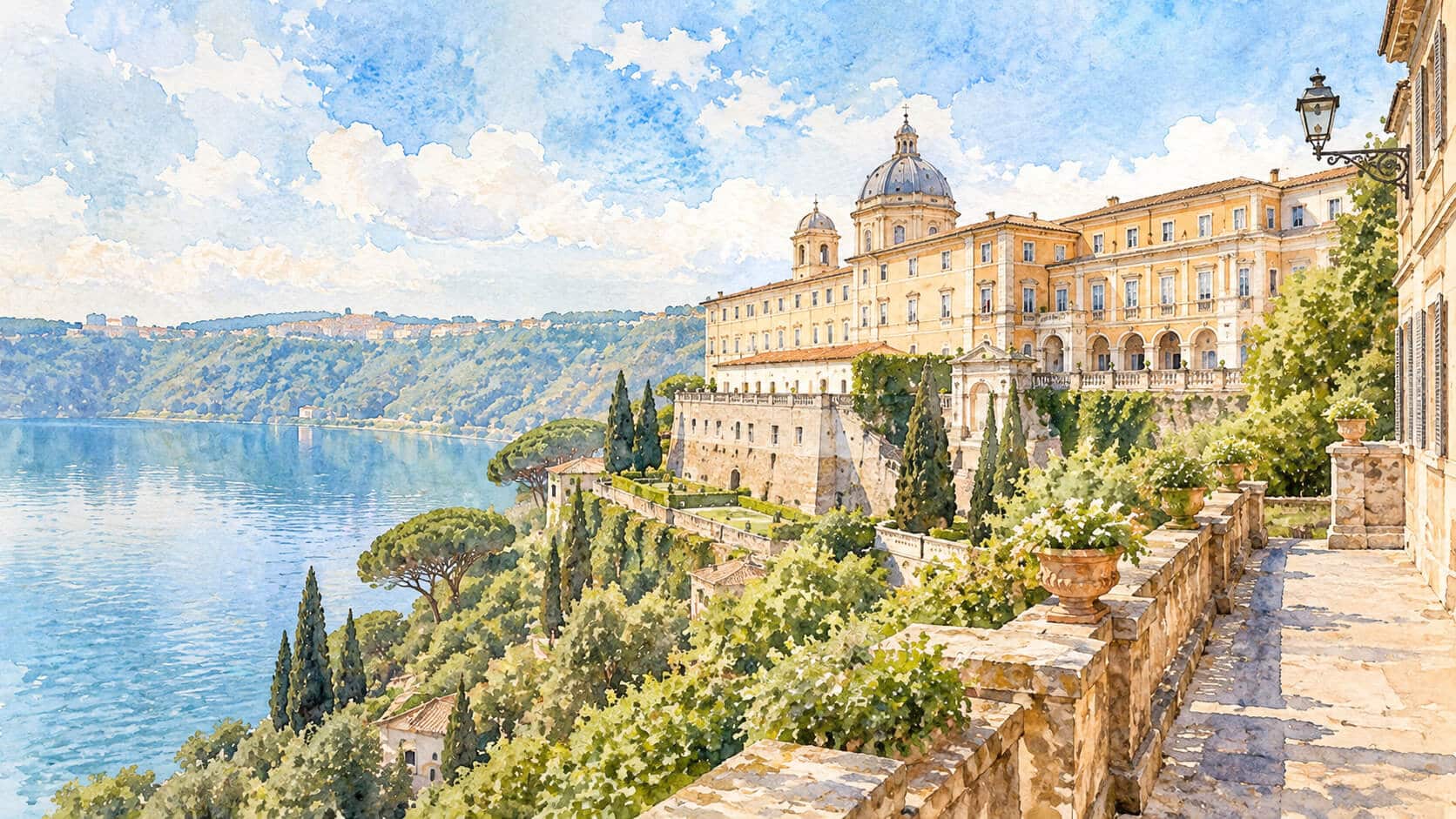 Castel Gandolfo above Lake Albano, watercolour