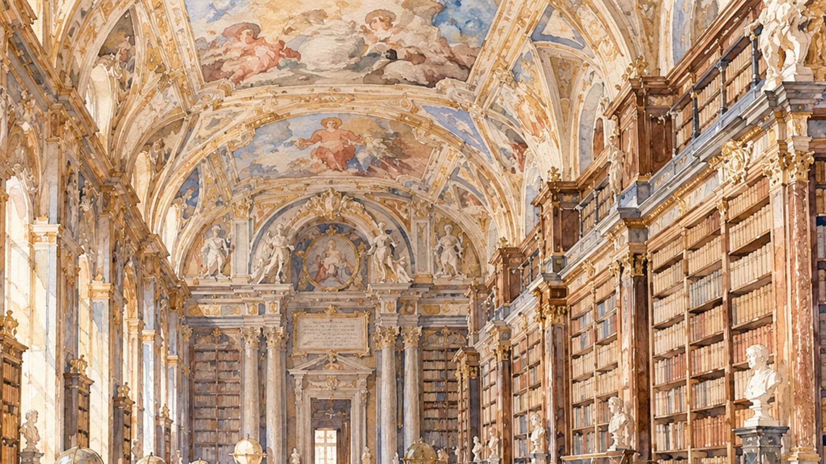 An old library under a painted vault, watercolour