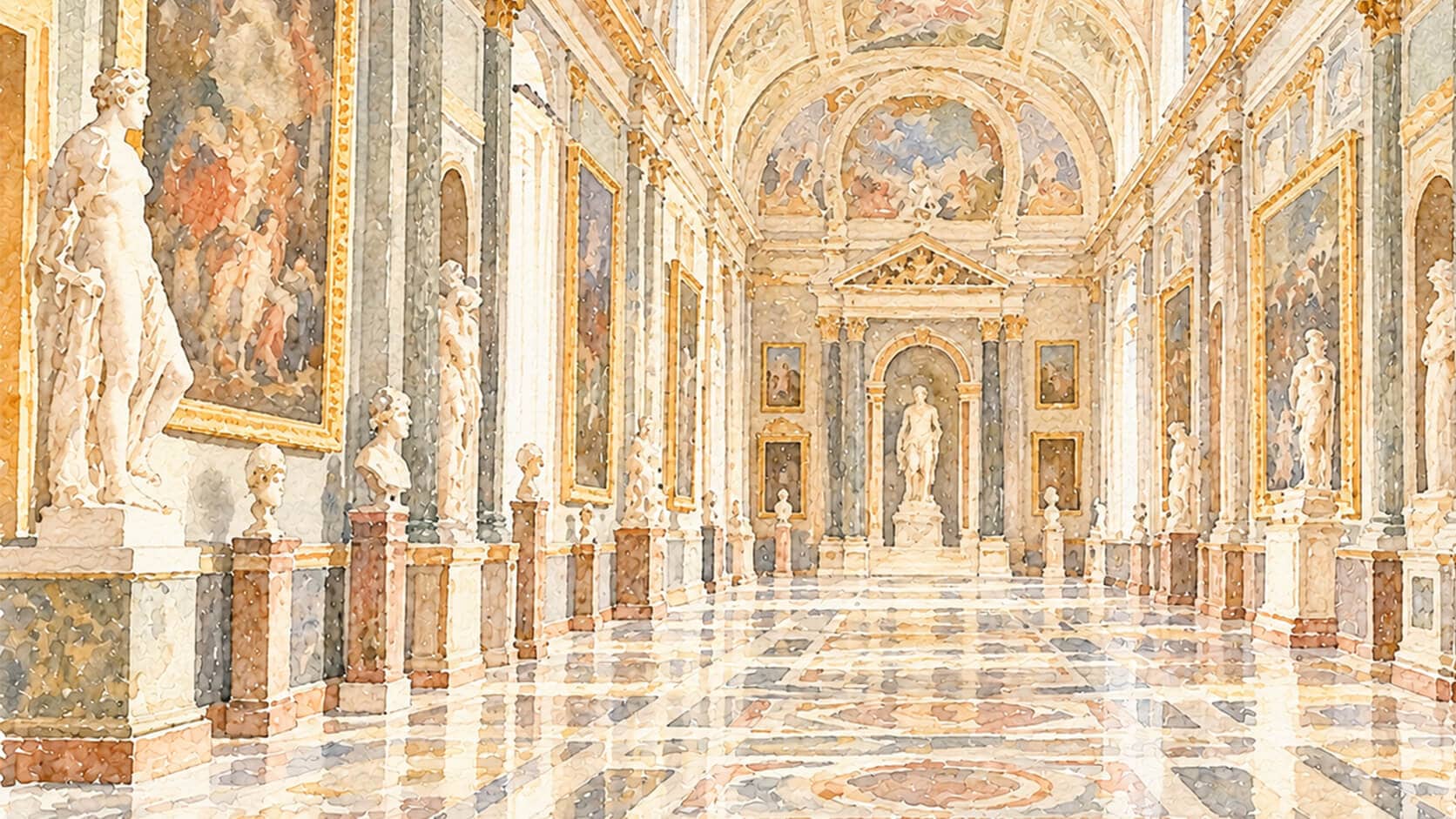 A hall of the Borghese Gallery with sculpture, watercolour