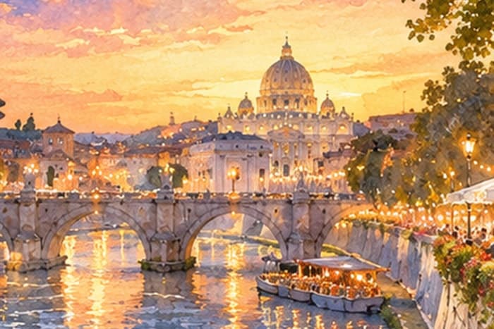 A summer evening on the Tiber: lights along the embankment and St Peter’s dome, watercolour