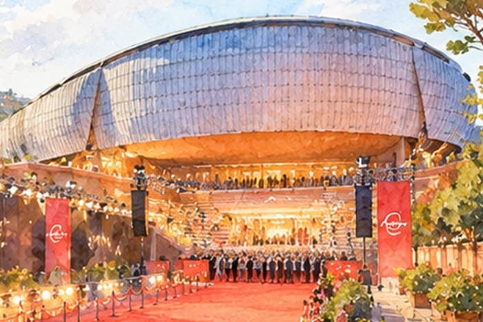 The Auditorium Parco della Musica during the film festival: the red carpet at the entrance, watercolour