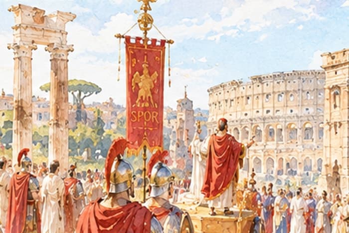 The Birthday of Rome re-enactment: legionaries and the SPQR banner by the Colosseum, watercolour