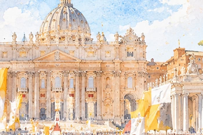 St Peter’s Basilica with papal flags on the feast of Saints Peter and Paul, watercolour