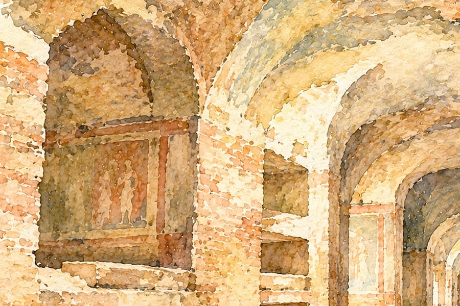 The vaults and niches of Rome’s catacombs, watercolour