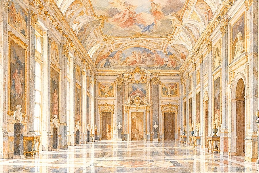 The baroque gallery of Palazzo Colonna under its painted vault, watercolour