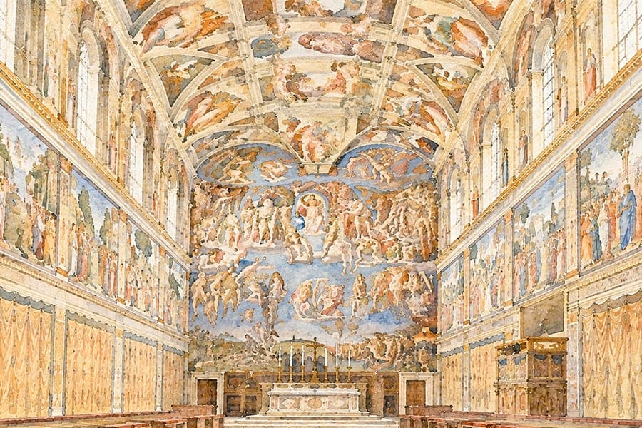 The Sistine Chapel: Michelangelo’s Last Judgement and ceiling, watercolour