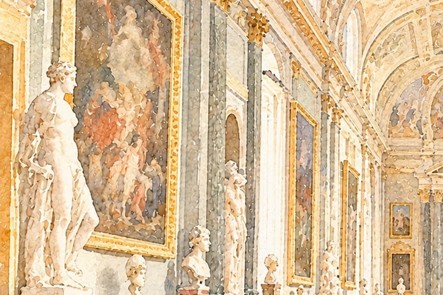 A room of the Borghese Gallery with an antique statue and paintings, watercolour