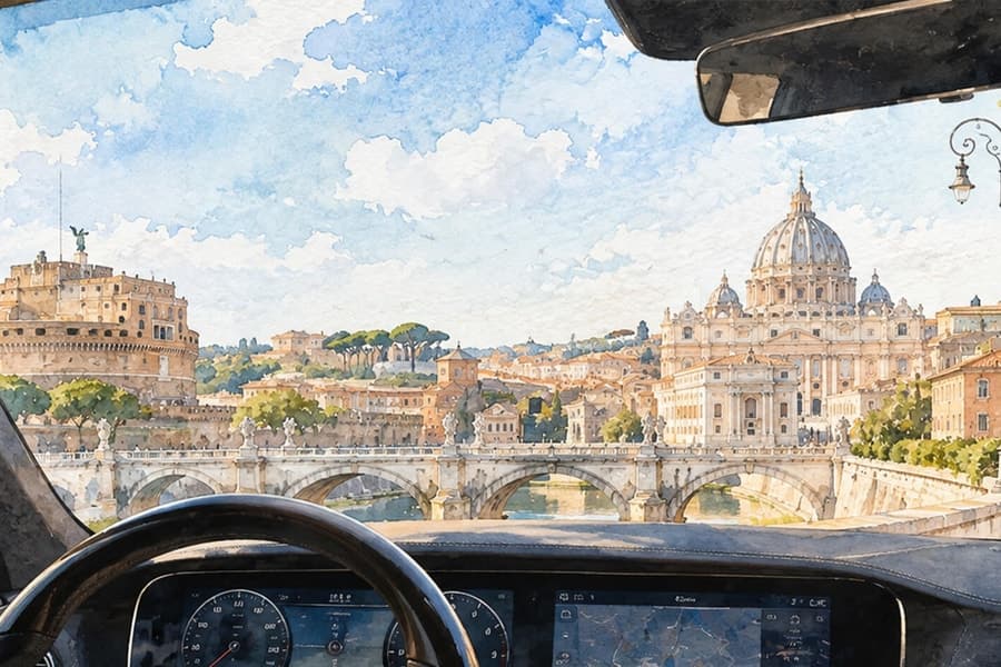 Castel Sant’Angelo and St Peter’s dome seen from a car, watercolour
