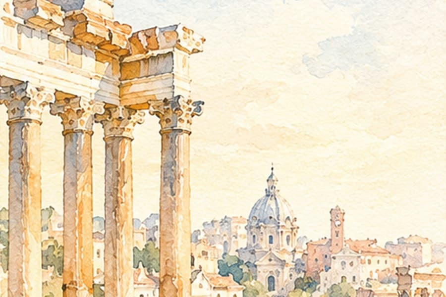 Temple columns in the Roman Forum in the morning light, watercolour