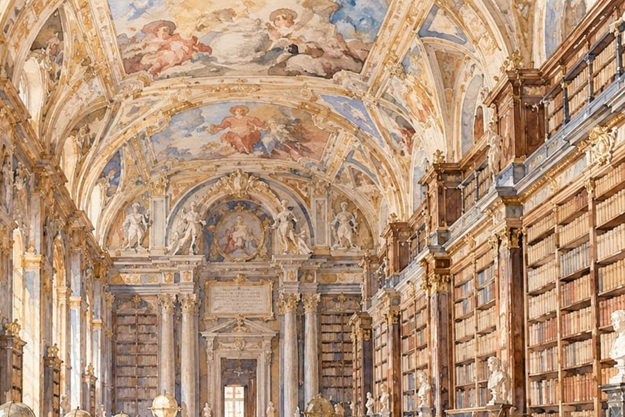 An old library under a painted vault, with no visitors, watercolour