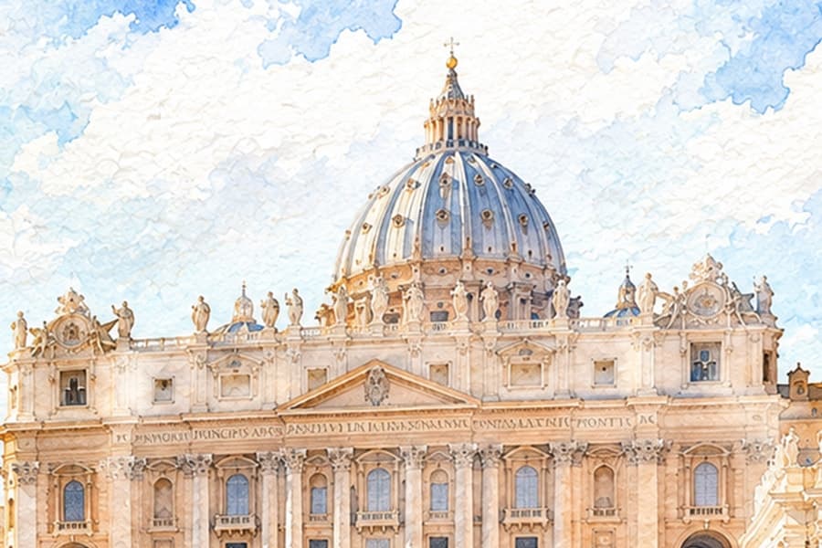 The facade and dome of St Peter’s Basilica, watercolour
