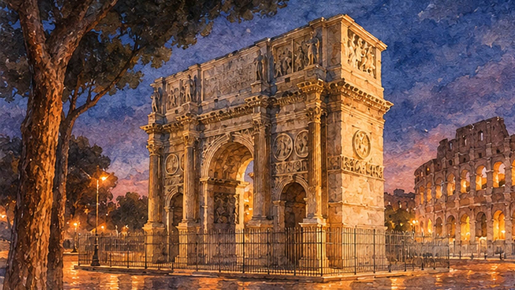 The Arch of Constantine and the Colosseum lit at night, watercolour
